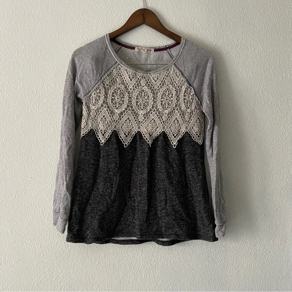 Rewind Cozy Terry Cloth Lace Sweater Top Gray XS Casual Lounge - Picture 9 of 9